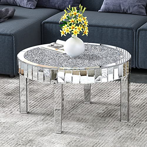 SHYFOY Verspiegelte Couchtisch Kristall, Rund Wohnzimmertisch Sofatisch für Wohnzimmer, Oberseite mit Kristall Diamanten, MDF-Struktur, einfacher Aufbau, Luxuriöse Spiegelmöbel, Silber