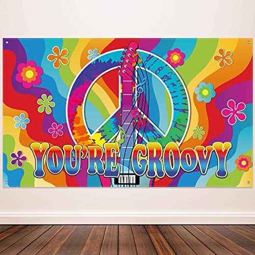 60er-Jahre-Party-Dekorationen, Friedensflagge, Bunte Blumen, Hippie-Groovy-Hintergrund, Fotokabinen-Requisiten-Hintergrund mit Seil, Hippie-Themen-Groovy-Party-Dekoration, 72,8 x 43,3 Zoll