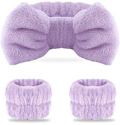 WSYUB Spa-Stirnband, Armbänder, Stirnband zum Waschen des Gesichts, 2 Armbänder für trockene Ärmel, Make-up-Stirnband, lila