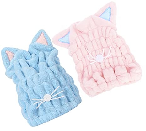 2 Stück Katzenohr Haartrocknungshauben aus Coral Fleece für Langes Haar | Wasserabsorbierend und Leicht, Schnelles Trocknen, für Reisen und Zuhause, Blau und Rosa