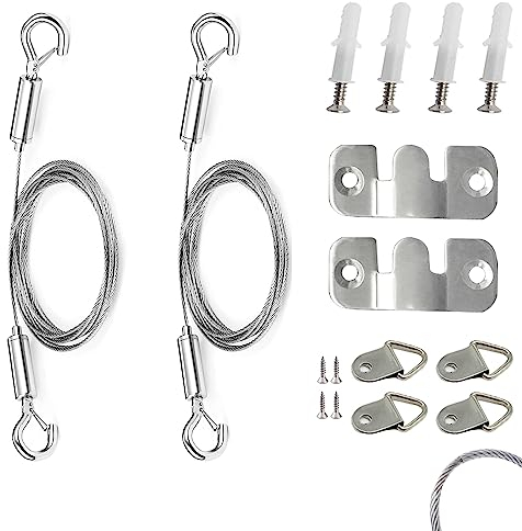 Adjustable Picture Hanging Wire 2PCS Mirror Frame Kit 2m x1.5mm Heavy Duty Stainless Steel Wire Rope Hook Wall Mount Wire for Mirror Hanging,Light Box,Billboards,Flowerpot,Decorations,Hold Up to 50LBS