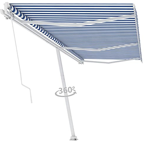 Camerina Standmarkise Einziehbar Handbetrieben 600x300 cm Balkon Sonnenschutz Einziehbare Markise Sonnenschutzrollo AußEn Garten Schutzwand Blau/Weiß