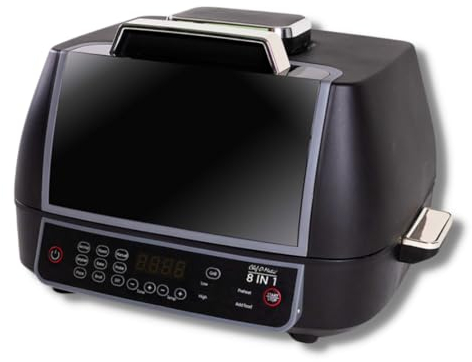 CHEF O MATIC Griglia e Friggitrice ad Aria, Smart Cook 8-in-1,1500W, Piastra e friggitrice ad aria, Multifunzione, 10 Programmi, Economico, 3 cestelli multifunzione, Controllo digitale, Timer