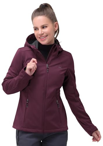 33,000ft Damen Softshelljacke Wasserdichte Winddichte Funktionsjacke Atmungsaktive Übergangsjacke Leichte Fahhradjacke mit Kapuze Windbreaker zum Laufen, Radfahren, Wandern，Weinrot 40