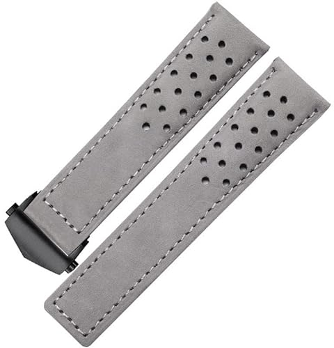 ONECMN Echtes Lederarmband für Uhrenarmband mit Faltschließe 20mm 22mm Grau Schwarz Braunes Rindslederband(Gray black,20mm)