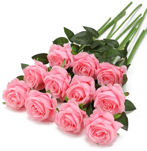 Tifuly Pink Fake Roses Artificial Flowers - 10 Pcs Fake Artificial Pink Roses Silk Flowers with Stems for Home Wedding Hotel Office Centerpiece Decor