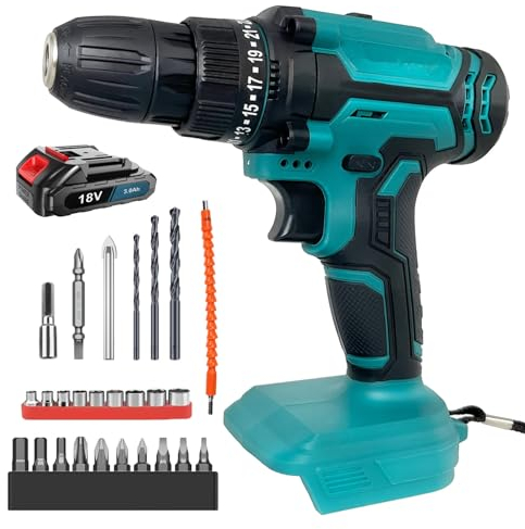 Akku Bohrschrauber 21V/18V, Ersatz für Makita 18V Akku, mit 26PCS Zubehöre,1x 3.0 Ah Akku und Ladegerät, 45 N.m, 25+1Drehmomentstufen, 2-Gang, für Haus DIY Projekt