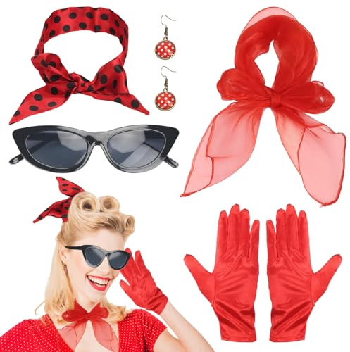 TZQFROCE 50er Jahre Accessoires Damen 5TLG Rockabilly Accessoires 50er Jahre Rockabilly Accessoires Damen mit Chiffon Schal Handschuhe Sonnenbrille Stirnband Ohrringe für Karneval Motoparty