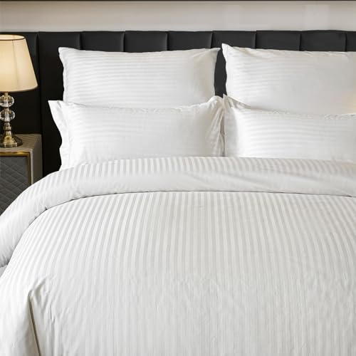 Amolavet Hotel Bettwäsche 200x200 Baumwolle Weiß 3teilig Set Bettwäsche 200x200 Mako Satin Baumwolle Damast Streifen Weiss mit Reißverschluss für Ganzjährig