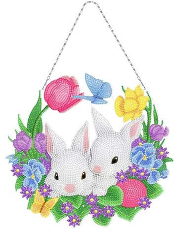NSXIN 5D Diamond Painting Ostern Deko, DIY Diamant Malerei Bilder Kit Ostern Türkranz mit LED Licht, Handwerk Applique Mosaik Hase Ostereier Ornamente Geschenk (Typ 04)