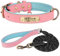 SEOUGEE Genuine Leather Dog Collar Personalised and Leash Set, Soft Padded Leather Dog Collars Heavy Duty with Custom Engraved Name Plate for Small Medium Large Dogs (M, Pink Set 28-37cm)