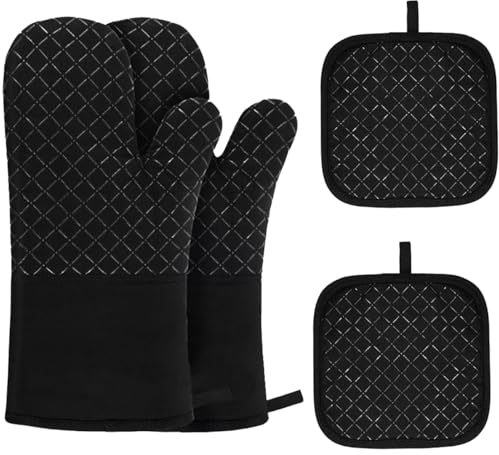 Treadstar Ofenhandschuhe,Backhandschuhe Ofenhandschuh Topfhandschuhe, Kochhandschuhe mit Rutschfestem 300°C Hitzebeständige,Schwarz topflappen Set topflappen handschuh