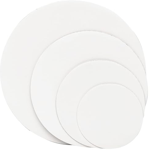 Gcardist 32 Stück Weiße Kuchenbretter Rund 15/20/25/30cm Kuchenzirkel Runden Stands Basis Lebensmittelqualität Pappe Kuchenplatte (4 Größen/je 8 Stück, Dünner, aber stärker)