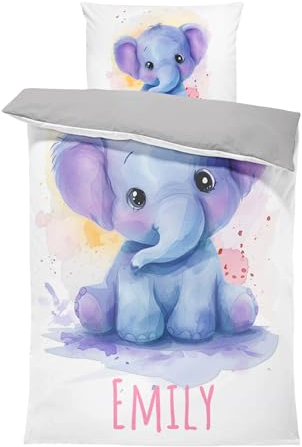 Pictogogo Wasserfarben Elefant-Design Kinderbettwäsche für Mädchen und Jungen, Personalisierte Bettwäsche mit Namen, Komplett Set mit Reißverschluss, Oeko-TEX Standard 100, 135 x 200 cm
