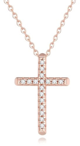 GAVU Collier Argent 925 Femme, Collier Plaqué Or Rose, Pendentif Croix Chrétienne, Pendentif Zircon Cubique pour Femme