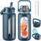 BLUEGO 2000ml Bouteilles d'eau en verre avec 2 couvercles Gourd avec paille 2L Grande bouteille d'eau avec marqueurs de temps et de capacité pour salle de sport Maison Étanche, Bleu foncé