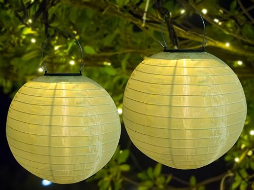 Lampions Solar Außen,Himmel 2 Stücke Solar LED Laterne Wasserdicht Nylon Hängende Gartenlaterne 25cm Solar Beleuchtung für Garten, Hof, Terrasse, Hochzeit, Halloween Fest Deko (Beige)