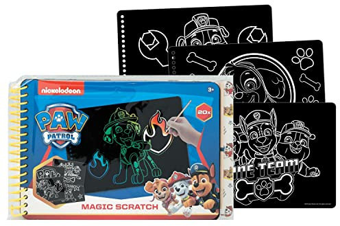 PAW PATROL Kratzpapier für Kinder, Aktivitäts Notizbuch mit 20 Blatt Kratzpapier und Holzstiften