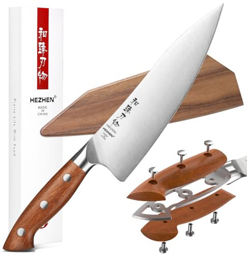 HEZHEN 21cm Kochmesser German DIN 1.4116 Stahl, Scharfe Messerklinge Chefmesser, Profi Küchenmesser mit Holzmesserscheide, Full Tang Griff aus Redwood