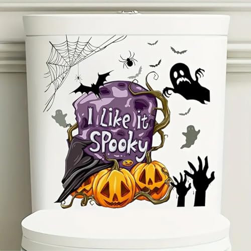 Halloween Pumpkin Ghost Toilet Cover Sticker Decals,Flower leaf bird Waterproof Toilet Lid Tank Seat Decals Cistern Self-Adhesive Bathroom Wall Sticker