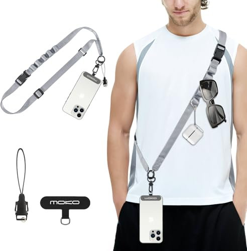MoKo Universal Phone Lanyard, Nylon Adjustable Cell Phone Crossbody Strap Detachable Women & Men Cellphone Lanyards Around the Neck with Patches for iPhone, Most Smartphone, Dark Gray