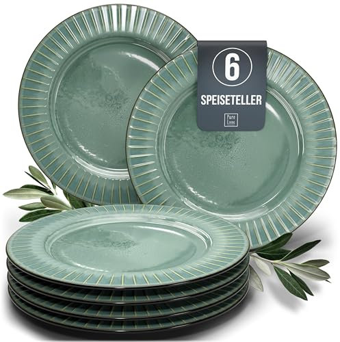 Stoneware 6 x Large Plates - Dinner Plates Dishwasher, Microwave, Scratch-Resistant - Crockery Set for 6 People, Dinner Plates - Elegant Grooved Tableware in Black and Green