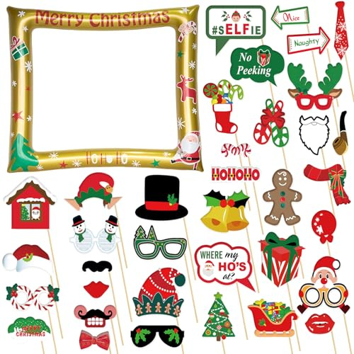 Aufblasbarer Fotorahmen Weihnachten,Gold Fotobox Accessoires Selfie Bilderrahmen mit 32 Foto Requisiten,Aufblasbare Fotorahmen Große Photo Booth Selfie Rahmen Ideal für Festivitäten Party Zubehör