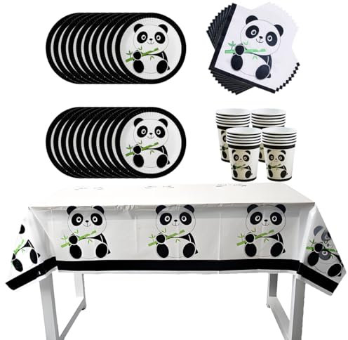 Fuwraixis 61 pièces vaisselle panda, vaisselle panda noir et blanc, vaisselle anniversaire enfant, serviette de table nappe gobelets et assiettes en papier vaisselle, pour 20 personnes