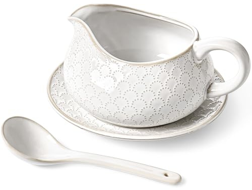 LE TAUCI Gravy Boat with Ladle and Saucer Stand 24oz, Ceramic Sauce Boat with Tray for Salad Dressings, Creamer, Broth, Black Pepper, Set of 1, Arctic White, Firework