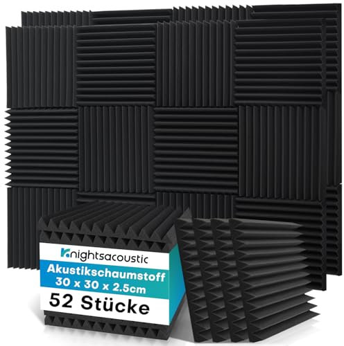 Knightsacoustic 52 stück Akustikschaumstoff Akustikschaumplatten, 2.5 x 30 x 30 cm Schallabsorber Akkustikschaumstoff Schallschutz für Tonstudio, Schwarz