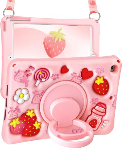 Boaretiu for iPad Mini 5/4 Generation Case - Soft Silicone Cute Cartoon for iPad Mini 5th/4th Case with Shoulder Strap & Rotating Stand 3D Kawaii for Women Girls Girly Teens, Strawberry