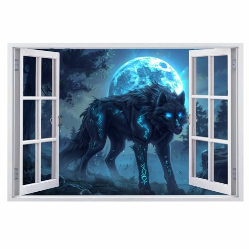 Effet De Mur Brisé 3D Lune Du Loup Stickers Muraux Imperméables Art Animaux De La Forêt Sticker Mural En Vinyle Pour Décoration Murale De Chambre À Coucher Pour Enfants, Garçons, Filles 120x80cm
