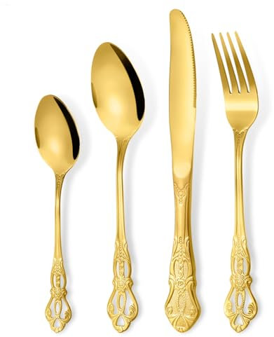 RETON 24 Pieces Royal Golden Cutlery Set for 6 People, Stainless Steel Knife Fork Spoon Set, Retro Tableware Silverware Set for Home/Party/Restaurant, Dishwasher Safe and Mirror Polished