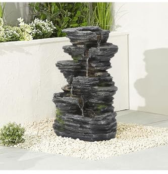 Warmiehomy Solar Water Fountain, 5 Tier Cascading Solar Water Feature Rockery Waterfall with Solar Powered Pump & Warm Lights for Outdoor, Garden fountains and Water Features, Height 48CM, Grey