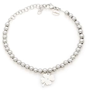 Armband mit vierblättrigen Kleeblatt für Damen und Herren, Armband mit Perlen von 5 mm aus Edelstahl, Unisex, Silber, Glücksbringer, elegant und robust, bedeutungsvolle Geschenkidee