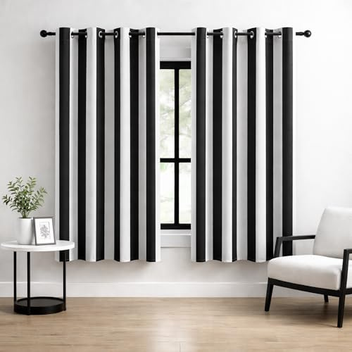 BOHOMOCASA 100% Blackout Curtains – Classic Black and White Stripe Curtains, 2 Panels, Each W52×L63, Thermal Insulated, Nosie Reducing for Bedroom and Living Room