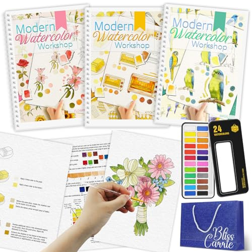 3 quaderni di lavoro ad acquerello, kit per pittura per principianti, 36 pagine, cartelle di lavoro con 24 colori di vernice e pennello, per principianti, regalo per alleviare lo stress per donne e