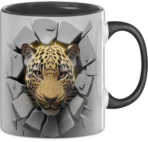 3D Leopard Tasse Geschenk Leopard Durchbruch Wand Grafik Geschenkidee für Leopard Liebhaber (Schwarz)