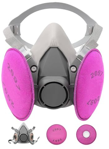 Prassia Reusable Face Cover Set for Painting,Gas, Dust, Machine Polishing, Organic Vapors with Filter Cotton for Staining,Car Spraying,Sanding &Cutting, DIY and Other Work Protection red