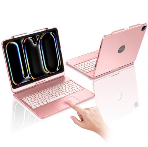 KBCASE iPad Pro 13 inch Case with Keyboard (M5/M4, 2025/2024), 360° Rotatable Bluetooth Keyboard, Large Multi-Touch Trackpad, 7-Color Backlit, Landscape/Portrait, QWERTY, Pencil Holder, Rose Gold