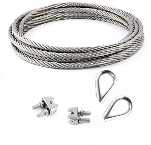 DQ-PP STAHLSEIL SET | 4mm | 10m | 2 x Seilklemmen Bügel 4mm | 2 x Kauschen 4mm | Edelstahl INOX | 7x7 mittelweich | Drahtseil für Rankhilfe Rostfrei Seil Stahl Draht Forstseil Windenseil Spannseil Geländerseil