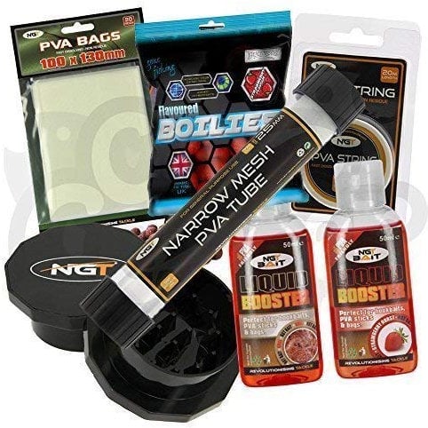 NGT Carp Fishing Bait Set Fast Dissolving PVA Tube Bags String Boilies Grinder & Liquid Glugs