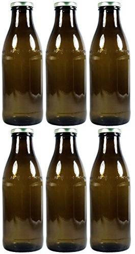Viva-Haushaltswaren Gabriele Hesse e.K. 6 botellas de leche marrones de 1 litro con tapón de rosca, botella de zumo para rellenar, incluye embudo