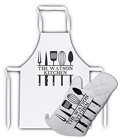 Personalised The Family Kitchen White Adult Apron & Matching Oven Glove