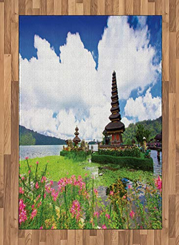 ABAKUHAUS Exotisch Teppich, Bali Tropic Blumen Sea, Flachgewebe Deko-Teppiche für das Wohn-,Schlaf-, und Essenszimmer, 120 x 180 cm, Grün Blau
