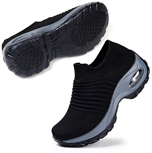 STQ Damen Schuhe Slip On Sneakers Freizeit Atmungsaktive Fitness Turnschuhe Plattform Leichte Outdoor Walking Schuhe Schwarz 39 EU