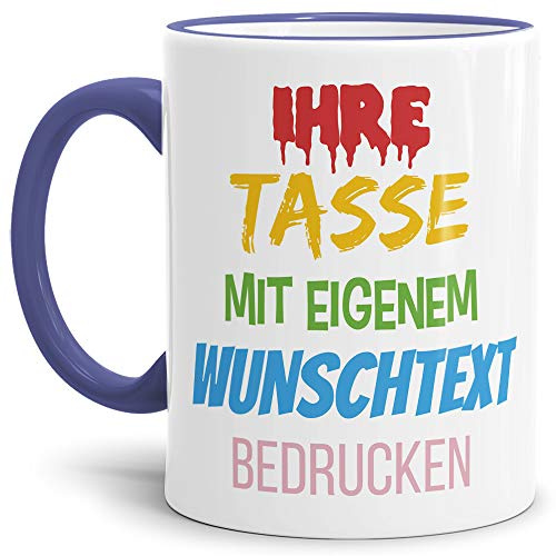 Tasse selbst gestalten/mit eigenem Text beschriften/Wunsch-Name/Spruch-Tasse/Rand & Henkel Cambridge Blau/Mittig gegenüber vom Henkel bedruckt