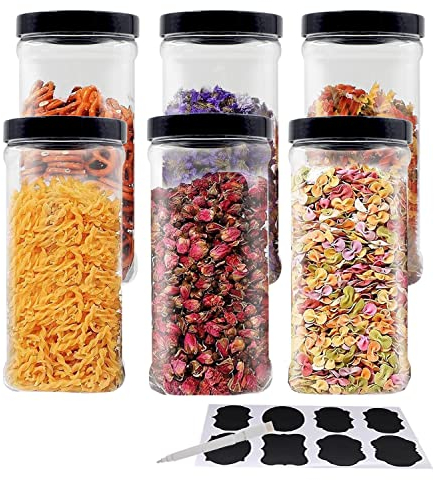 YBCPACK 6 Pack 40oz (1100ml) Large Clear Plastic Storage Jars with Lids & Labels, A Pen - Wide Opening, BPA Free PET Container-Pantry, Home/Kitchen Storage For Dry Goods, Spice