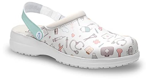 FELIZ CAMINAR - Zuecos Sanitarios Mycrom Sanitario/con Correa Antideslizantes y Cómodos para Mujer/Clínicas, Veterinarios, Hospital, Geriátricos (Sanitario, Numeric_38)