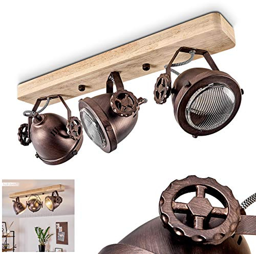 Deckenleuchte Herford, verstellbare Deckenlampe aus Metall/Holz/Glas in Braun/Kupfer/Natur, 3-flammig, 3 x GU10-Fassung, dreh- u. schwenkbarer Spot im Retro Design, ohne Leuchtmittel
